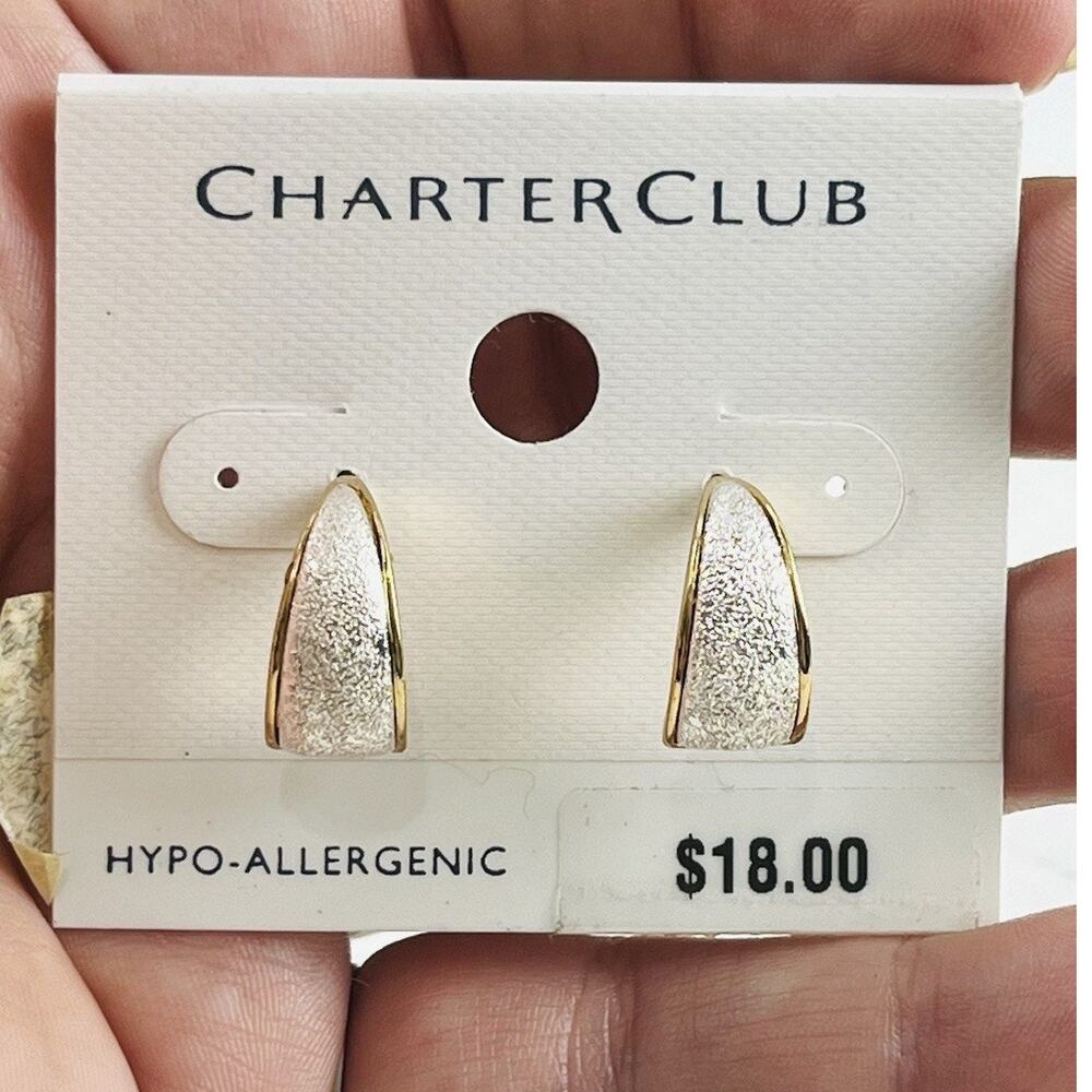 MACY'S Charter Club pierced earrings Half Moon Gold White Hoop Sandblast New Car